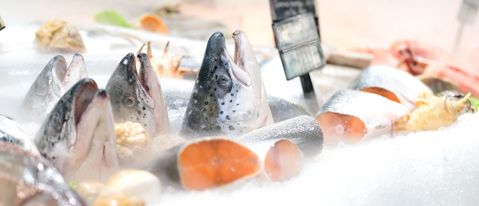 Refrigerated showcase with salmon in the store. Chilled red fish is sold in the supermarket.